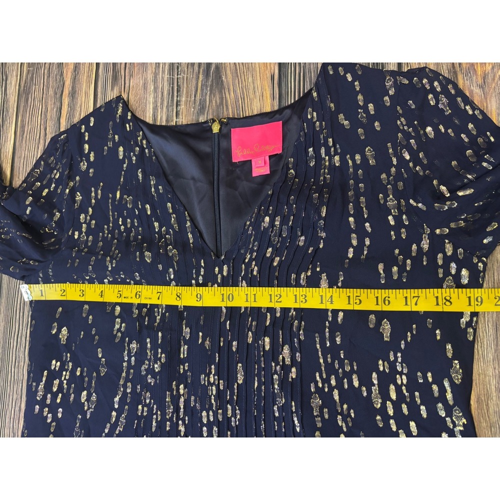 Lilly Pulitzer Cleme Dress Womens 8 Navy Silk Gold Metallic Foil Balloon Sleeve - Picture 6 of 15